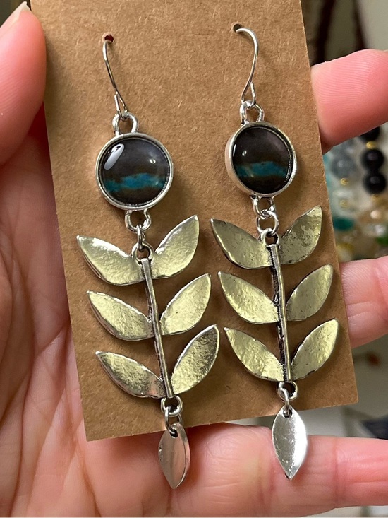 Jewelry - Silver Tone Leaf Drop Earrings with Black and Teal Accents